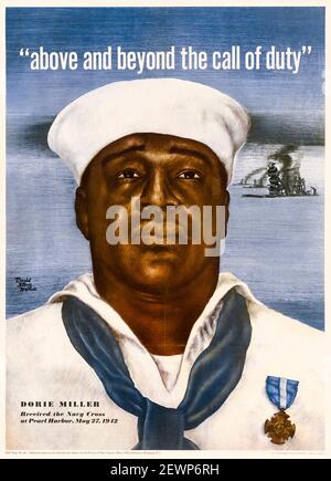 American, US, WW2, motivational poster: Above and Beyond, the Call of Duty, featuring, African American Navy Messman, Dorie Miller (1919-1943), poster by David Stone Martin, 1943 Stock Photo