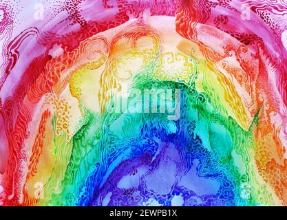 Watercolor rainbow sky background. Texture brush paint drawing. Artistic colorful vibrant fabric design. Kids textile happiness concept bright color Stock Photo