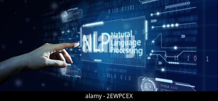 Hand of Businessman touching hologram screen with world map background. NLP Natural Language Processing cognitive computing technology concept. Stock Photo