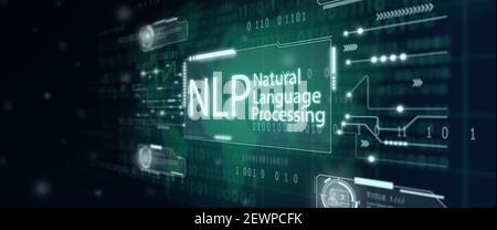 Hand of Businessman touching hologram screen with world map background. NLP Natural Language Processing cognitive computing technology concept. Stock Photo