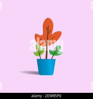 Abstract flower in a blue pot isolated on pastel pink color background. Cute cartoon green and orange leaves. Creative 3D vector illustration Stock Vector