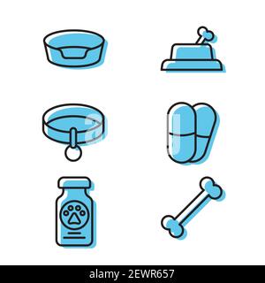 Dog and pills, Pet bed, Dog medicine bottle and pills and Collar with name tag icon set Stock Vector
