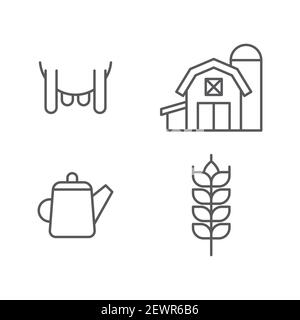 Set line Watering can, Udder, Cereals with rice, wheat, corn, oats, rye and Farm House concept icon. Stock Vector