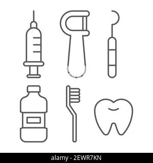 Set Tooth whitening concept, Mouthwash plastic bottle and Dental medical syringe, toothbrush, floss, dental scaler Stock Vector
