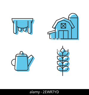 Set line Watering can, Udder, Cereals with rice, wheat, corn, oats, rye and Farm House concept icon. Stock Vector