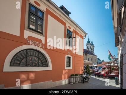 Senator Haz Hotel, Dobo Istvan ter in distance, Eger, Northern Uplands, Hungary, Central Europe Stock Photo