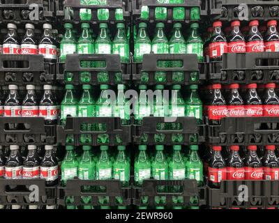 Indianapolis - Circa February 2021: Coca Cola, Diet Coke and Sprite on display. Coke products are among the best selling soda pop drinks in the US. Stock Photo