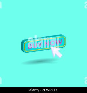 Modern minimal style buy now button with mouse click symbol isolated on turquoise background. Internet shopping concept. Creative 3D effect vector ill Stock Vector