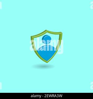 Minimal shield with user icon isolated on turquoise pastel color background. Element design for internet data security. Creative 3D vector illustratio Stock Vector