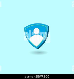 Blue shield with user icon isolated on pastel color background. Minimal design for internet data security. Creative 3D vector illustration Stock Vector