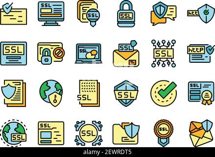 SSL certificate icons set. Outline set of SSL certificate vector icons thin line color flat on white Stock Vector