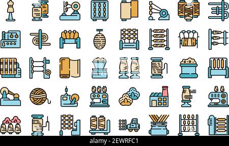 Thread production icons set. Outline set of thread production vector icons thin line color flat on white Stock Vector