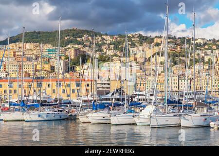 Historic district and Porto Antico (Old Port) view, Genoa, Liguria, Italy, Europe Stock Photo