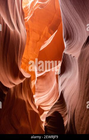 Water eroded Navajo Sandstone forms a slot canyon in Upper Antelope Canyon, Navajo Land, Arizona, United States of America, North America Stock Photo