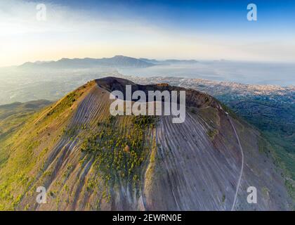 Aerial view of Vesuvius crater and Gulf of Naples at sunrise, Naples, Campania, Italy, Europe