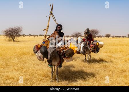 Peul woman with her children on their donkeys in the Sahel, Niger, Africa Stock Photo