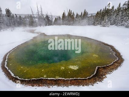 Morning Glory Pool with snow and reflections, Yellowstone National Park, UNESCO World Heritage Site, Wyoming, United States of America, North America Stock Photo