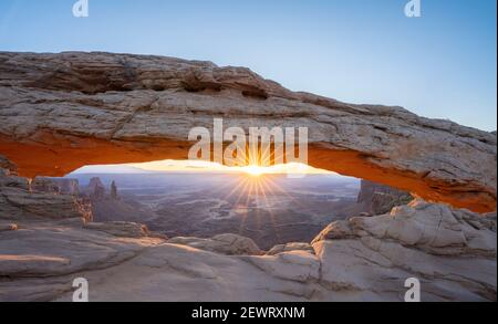Sunrise at Mesa Arch with sunburst, Canyonlands National Park, Utah, United States of America, North America