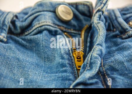 Jeans zipper in close-up Stock Photo