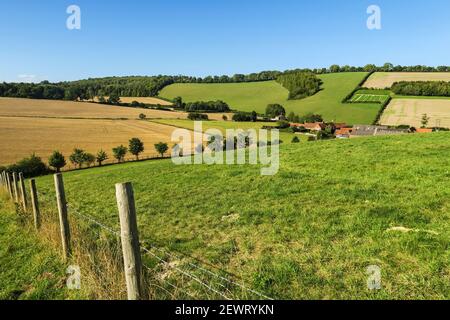 Looking towards Valley End Farm at Bix Bottom in the Chiltern Hills near Henley, Bix Bottom, Henley-on-Thames, Oxfordshire, England, United Kingdom Stock Photo