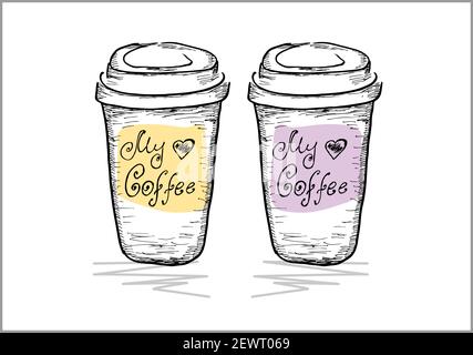 hand-drawn two cups of coffee. My coffee Stock Vector