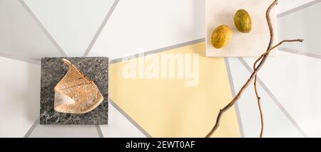 Scandinavian still life in pastel colours, top view. Horizontal flat lay Stock Photo