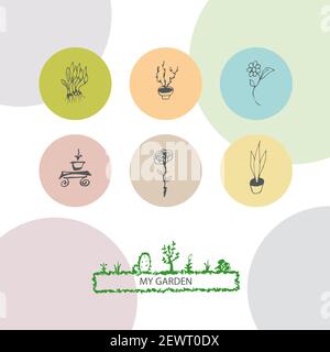 Set of round icons with house plants. Vector illustration Stock Vector