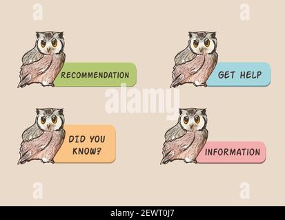 icons with an owl. Recommendations, tips, get help, questions Stock Vector