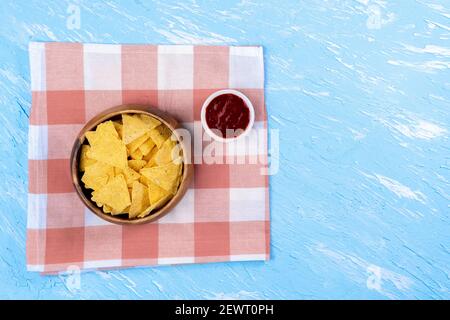 Mexican Sauce nachos homemade crispy corn tortilla chips. copyspace Stock Photo
