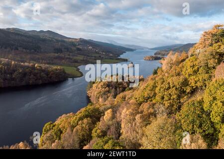 Queens View looking down Loch Tummel on a sunny autumn day, Perthshire, Scotland, UK Stock Photo