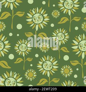 Seamless vector pattern with sunflowers on green background. Fun cartoon floral wallpaper design for children. Happy flower fashion textile. Stock Vector