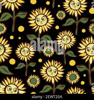 Seamless vector pattern with happy sunflowers on black background. Cute cartoon floral wallpaper design for children. Summer meadow fashion textile. Stock Vector
