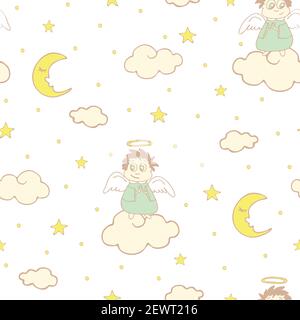 Seamless vector pattern with angels in sky on white background. Gentle, cute children wallpaper design with moon, stars and angel praying. Stock Vector