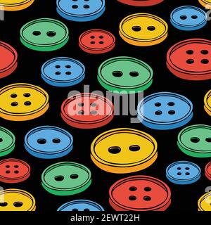 Seamless vector pattern with colourful buttons on black background. Simple sawing wallpaper design. Dressmaker fashion textile. Stock Vector