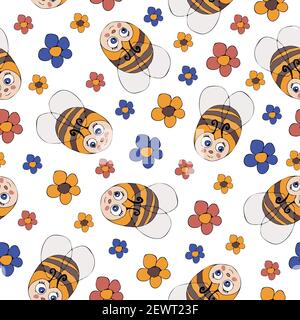 Seamless vector pattern with cute childlike bumblebees and flowers on white background. Simple cartoon bee wallpaper design. Stock Vector