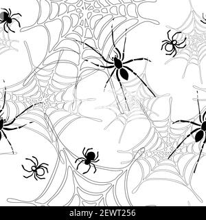 Seamless vector pattern with black spiders on white background. Creative wallpaper design with spiderwebs. Simple bug fashion textile. Stock Vector