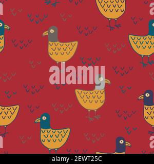 Seamless vector pattern with birds on red background. Simple retro wallpaper design with pigeon. Vintage abstract duck fashion textile. Stock Vector