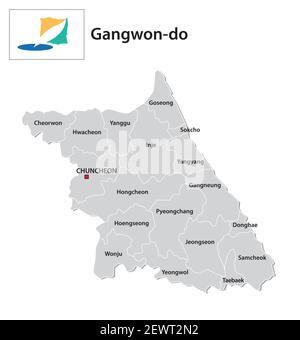 administrative vector map of the South Korean province of Gangwon-do with flag Stock Vector