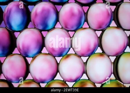 A macro view of a row of clear water orbs, or orbeez, reflecting colours Stock Photo