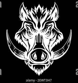 Mascot. Vector head of boar. White illustration of danger wild pig isolated on black background. For decoration, print, design, logo, sport clubs, tat Stock Vector