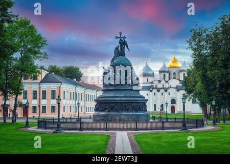 Novgorod, Russia -  July 12 2016: The Millennium of Russia is a bronze monument in the Novgorod Kremlin. It was erected in 1862 to celebrate the mille Stock Photo