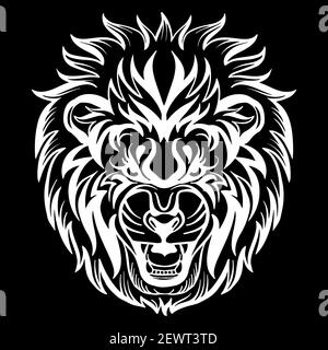 Mascot. Vector head of lion. White illustration of danger wild cat isolated on black background. For decoration, print, design, logo, sport clubs, tat Stock Vector