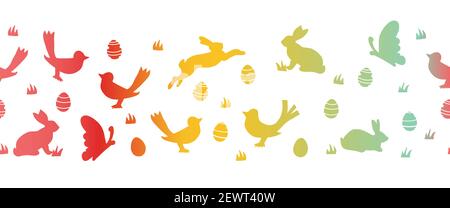 Easter seamless vector border with bunnies butterflies and birds. Repeating horizontal pattern Easter rabbit and eggs silhouettes. Cute border for Stock Vector