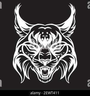 Mascot. Vector head of lynx. White illustration of danger bobcat isolated on black background. For decoration, print, design, logo, sport clubs, tatto Stock Vector