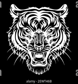 Mascot. Vector head of tiger. White illustration of danger wild cat isolated on black background. For decoration, print, design, logo, sport clubs, ta Stock Vector