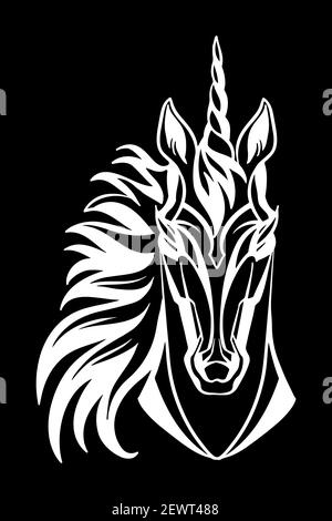 Mascot. Vector head of unicorn. White illustration of danger wild horse isolated on black background. For decoration, print, design, logo, sport clubs Stock Vector