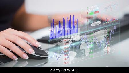 Financial data processing over woman using computer Stock Photo