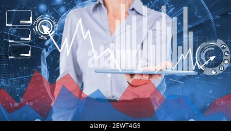 Financial data processing over woman holding digital tablet Stock Photo
