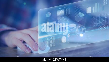 Interface showing information and statistics with hands of woman using computer mouse and keyboard Stock Photo
