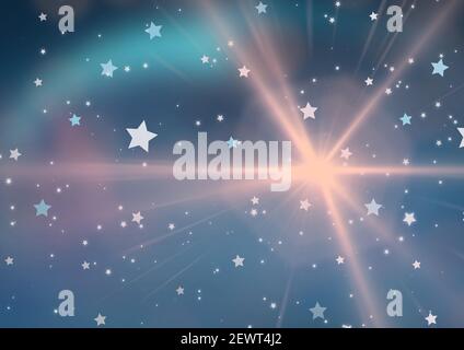 Multiple white and blue stars over glowing pink light trails in background Stock Photo